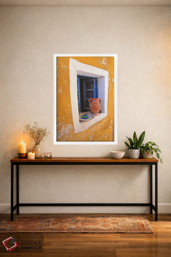 تابلو دکوراتیو Santorini, Oia. Pottery in window.,یونان، سانتورینی، اویا. س… اثر جینز گالری - D3W