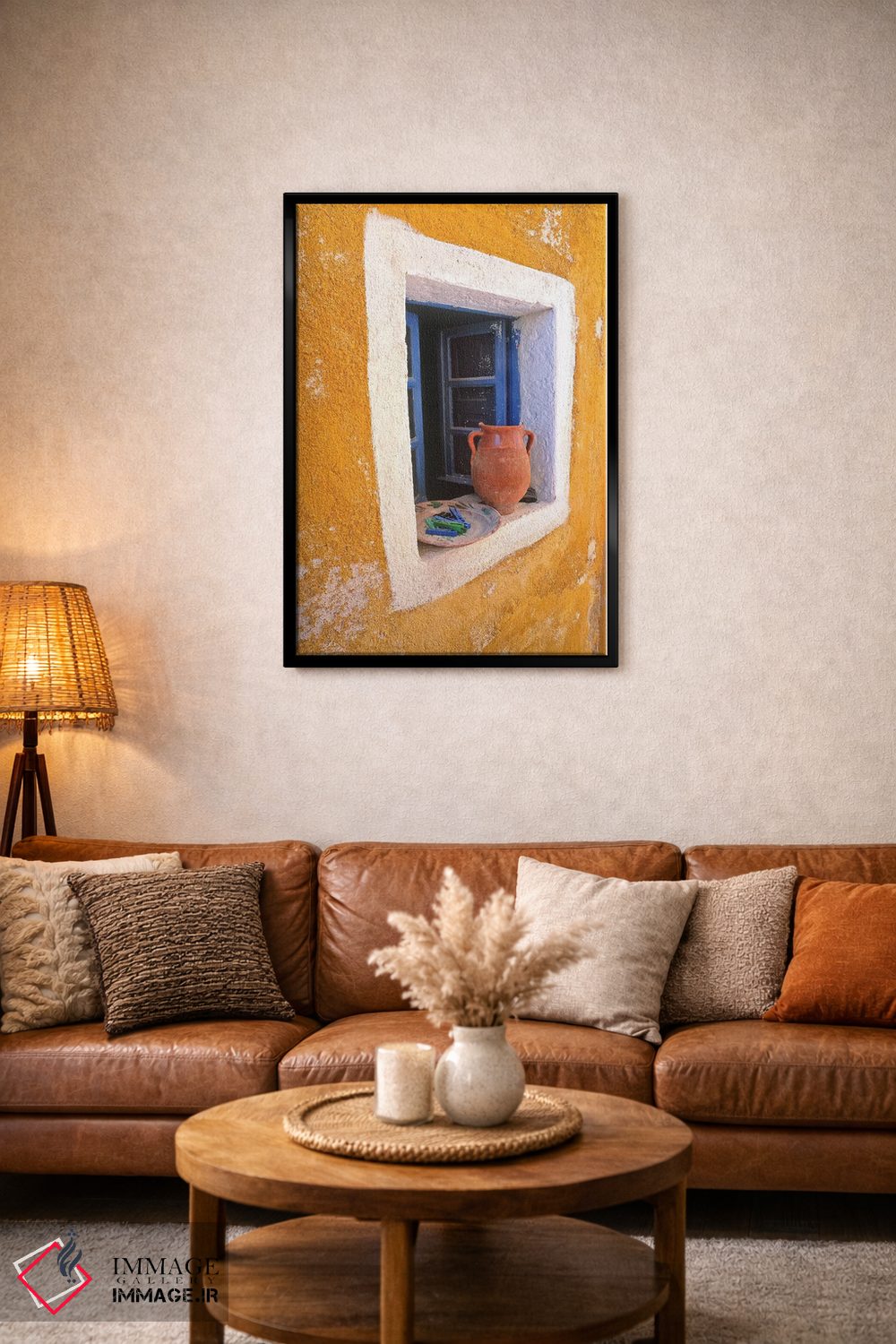تابلو دکوراتیو Santorini, Oia. Pottery in window.,یونان، سانتورینی، اویا. س… اثر جینز گالری - D4B