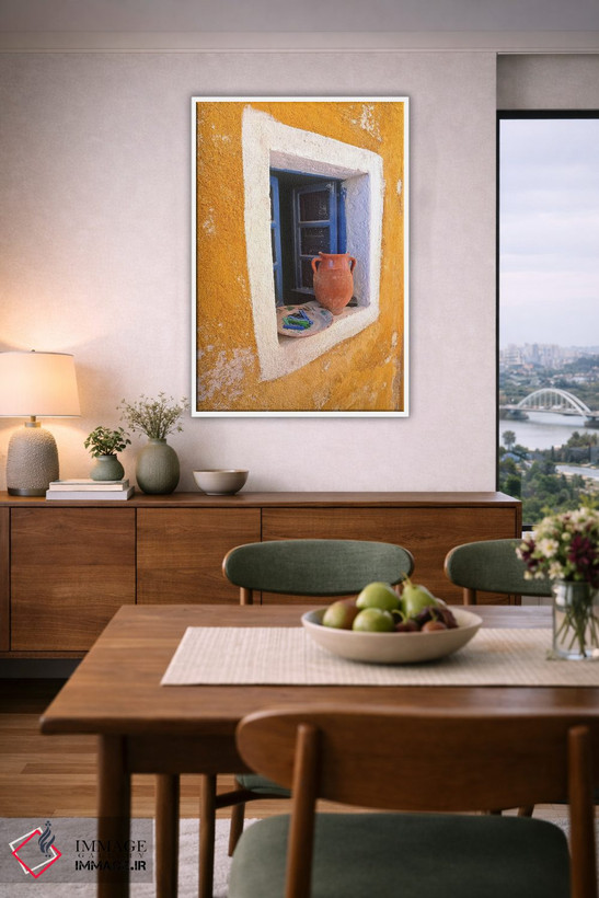 تابلو دکوراتیو Santorini, Oia. Pottery in window.,یونان، سانتورینی، اویا. س… اثر جینز گالری - D6W