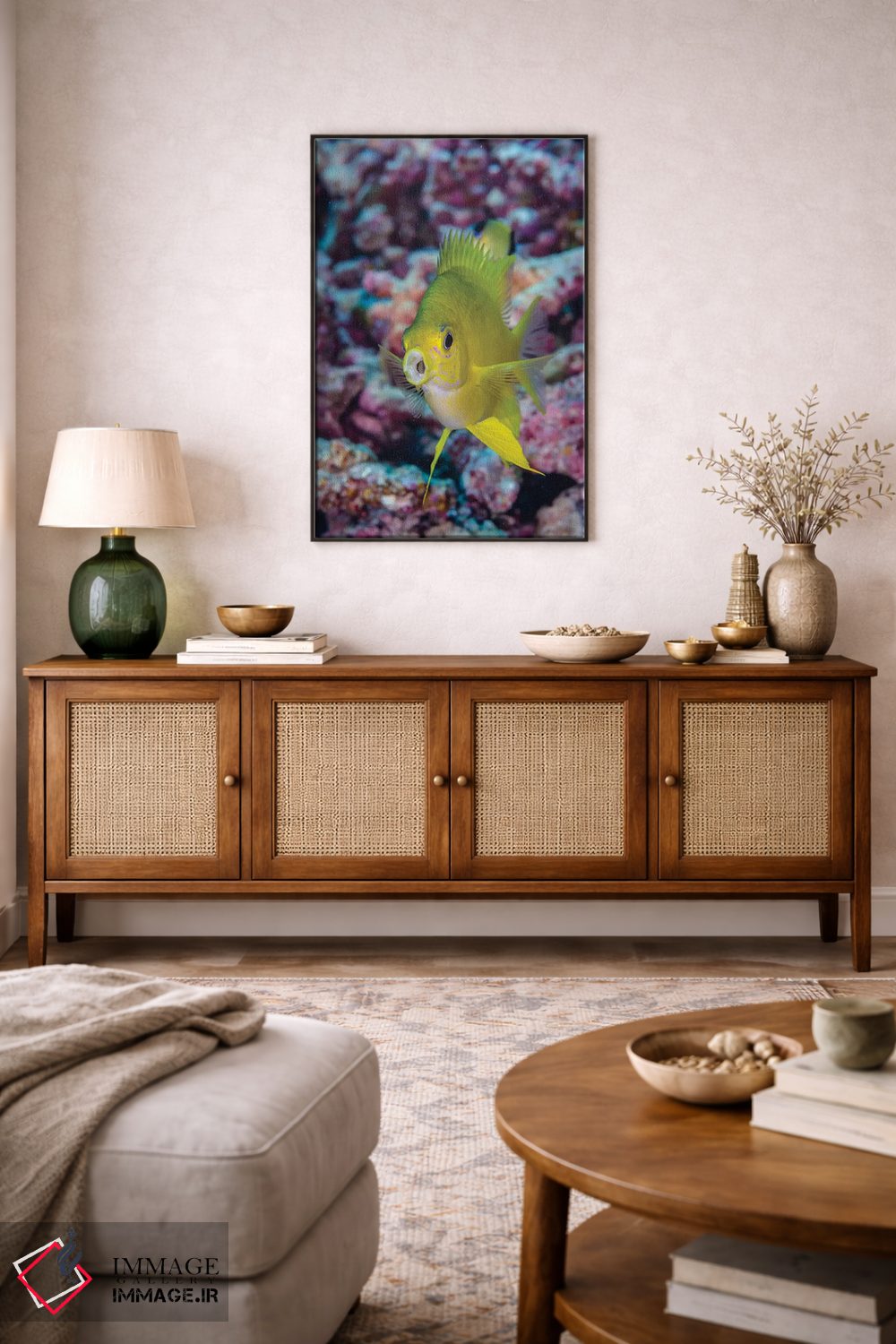 تابلو دکوراتیو فیجی. نمای نزدیک ماهی زرد رنگ کروم اثر جینز گالری - D4B