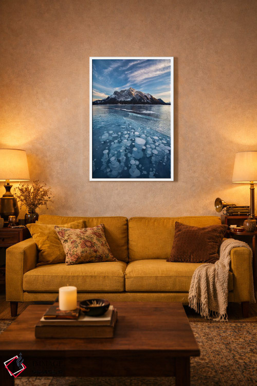 تابلو دکوراتیو Alberta, Abraham Lake. Ice bubbles in lake at sunset.,کانادا… اثر جینز گالری - D1W