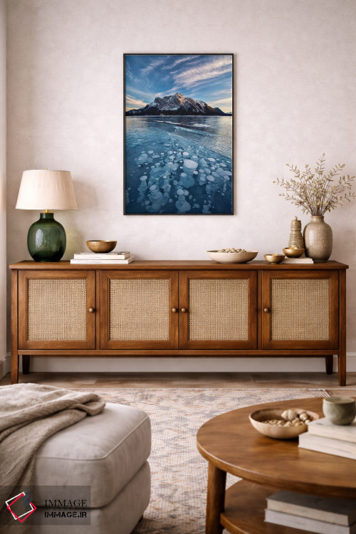 تابلو دکوراتیو Alberta, Abraham Lake. Ice bubbles in lake at sunset.,کانادا… اثر جینز گالری - D3B