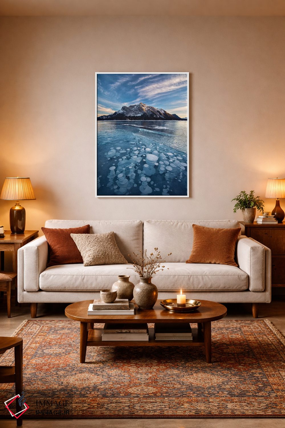 تابلو دکوراتیو Alberta, Abraham Lake. Ice bubbles in lake at sunset.,کانادا… اثر جینز گالری - D2W