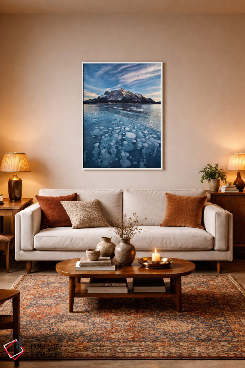 تابلو دکوراتیو Alberta, Abraham Lake. Ice bubbles in lake at sunset.,کانادا… اثر جینز گالری - D2W