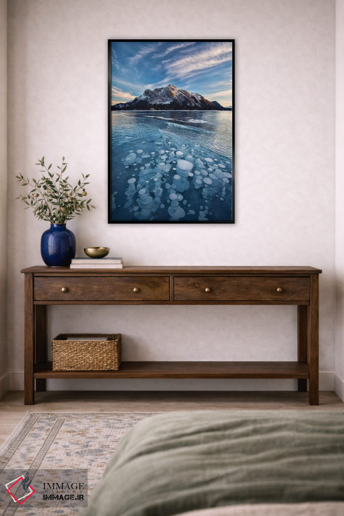 تابلو دکوراتیو Alberta, Abraham Lake. Ice bubbles in lake at sunset.,کانادا… اثر جینز گالری - D5B