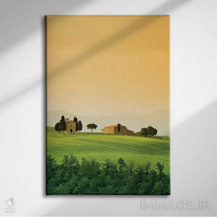 تابلو دکوراتیو Tuscany. Landscape with church and villa.,ایتالیا، توسکانی.… اثر جینز گالری - نمای روبهرو روی دیوار