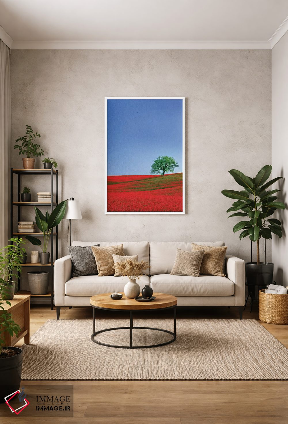 تابلو دکوراتیو Tuscany. Abstract of oak tree on red flower-covered hillside… اثر جینز گالری - D1W