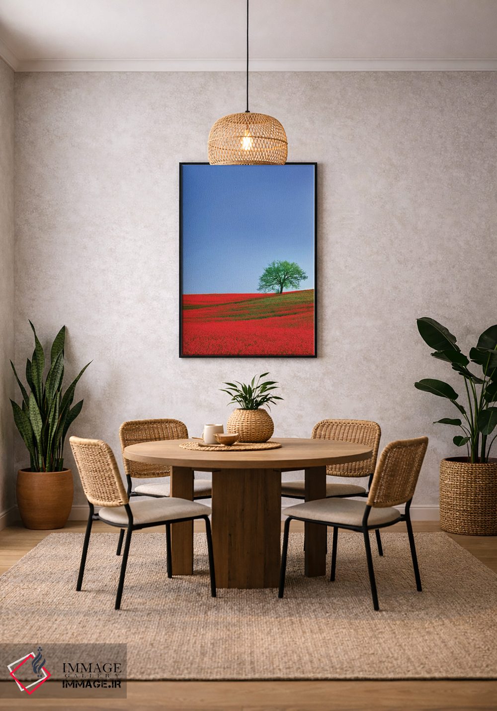 تابلو دکوراتیو Tuscany. Abstract of oak tree on red flower-covered hillside… اثر جینز گالری - D3B