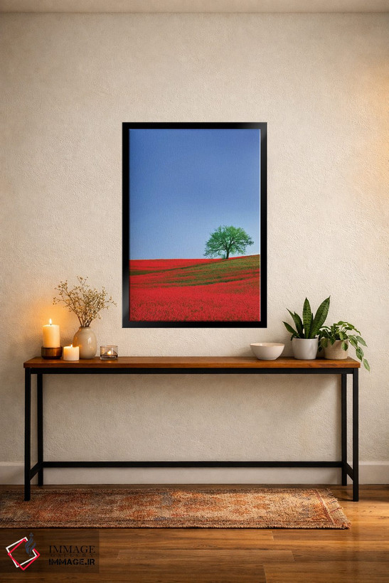 تابلو دکوراتیو Tuscany. Abstract of oak tree on red flower-covered hillside… اثر جینز گالری - D5B