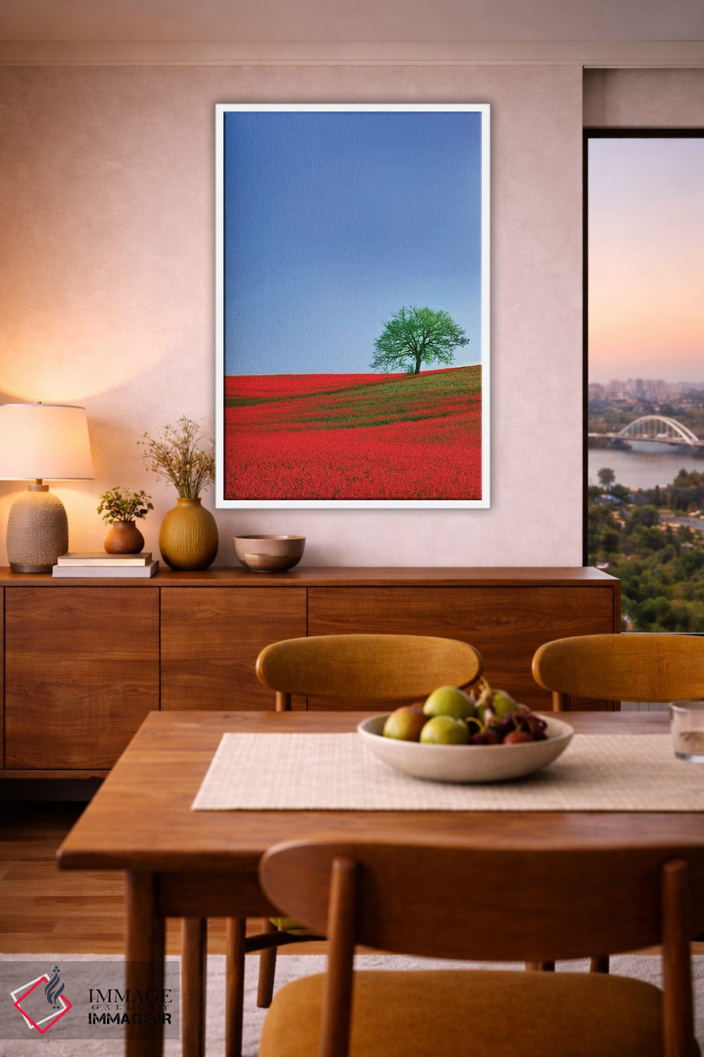تابلو دکوراتیو Tuscany. Abstract of oak tree on red flower-covered hillside… اثر جینز گالری - D6W