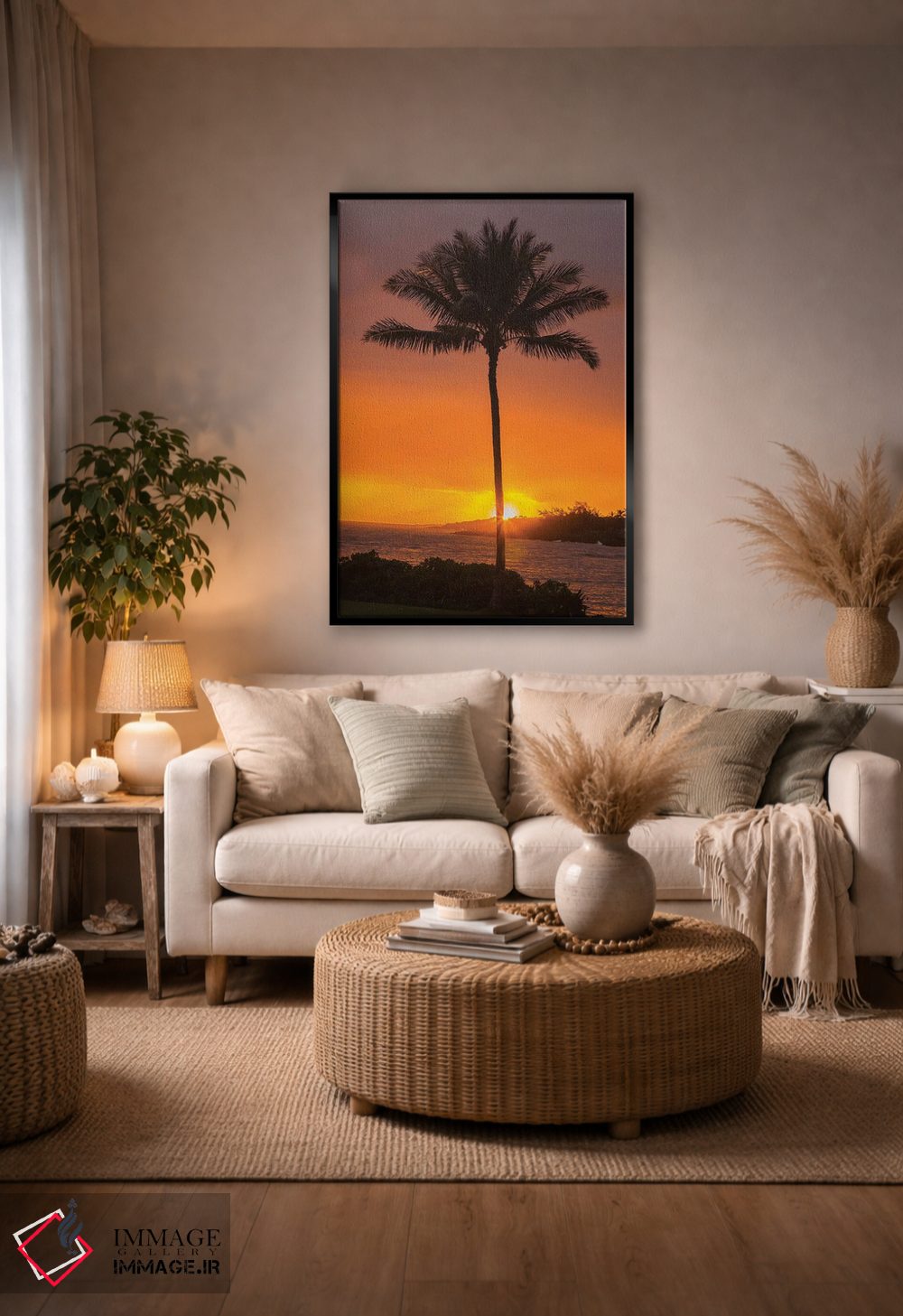 تابلو دکوراتیو Hawaii, Kauai, Lawai. Palm tree at sunset.,آمریکا، هاوایی، ک… اثر جینز گالری - D5B