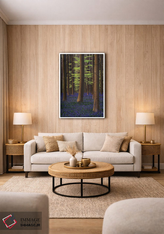 تابلو دکوراتیو بلژیک. جنگل هالر بوس با درختان و گل های بلو بل اثر جینز گالری - D1W