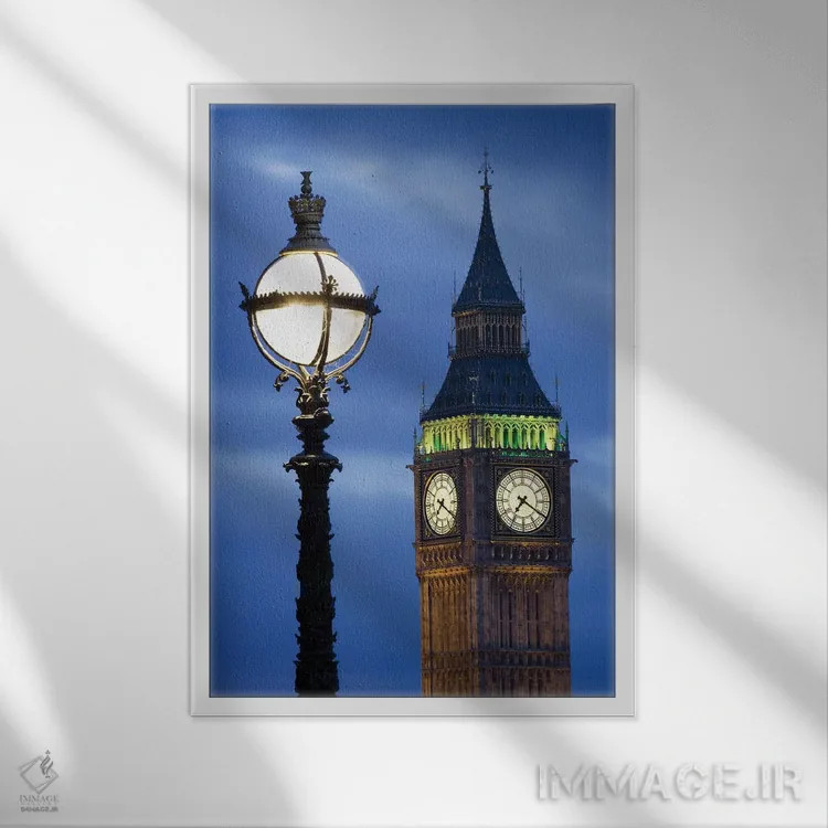 تابلو دکوراتیو Great Britain, London, Big Ben. Clock Tower Lamp Post.,اروپا… اثر جینز گالری - نمای قابدار سفید