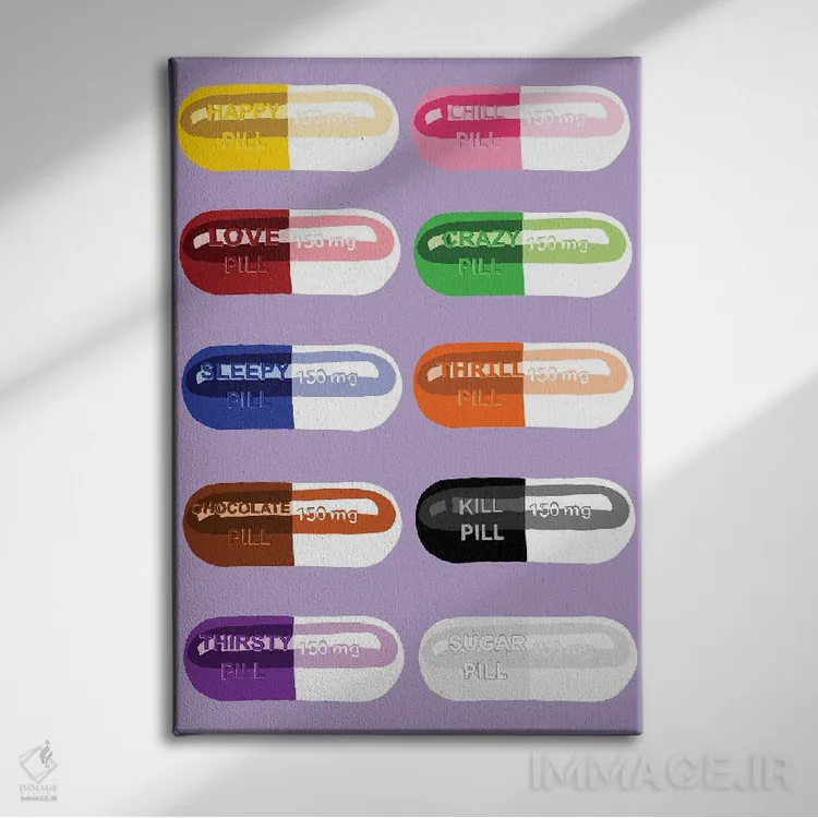 تابلو دکوراتیو خوردنی قرص بنفش کمرنگ اثر جیمی متز - نمای روبهرو روی دیوار