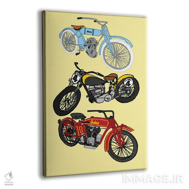 تابلو دکوراتیو سه موتور سیکلت قدیمی زرد اثر جیمی متز - نمای پرسپکتیو محصول