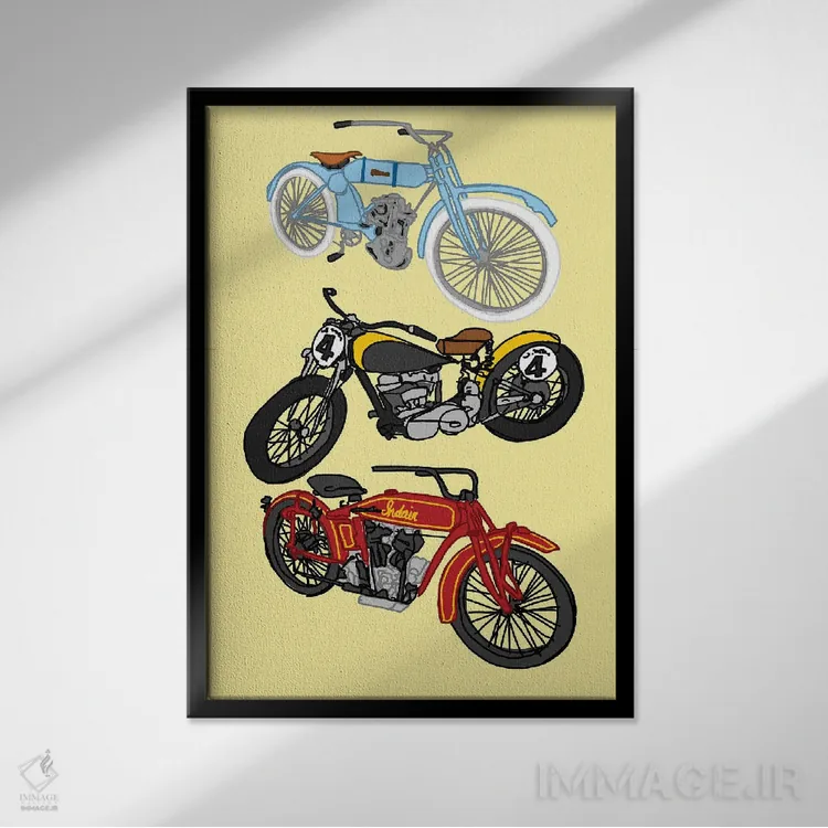 تابلو دکوراتیو سه موتور سیکلت قدیمی زرد اثر جیمی متز - نمای قابدار مشکی