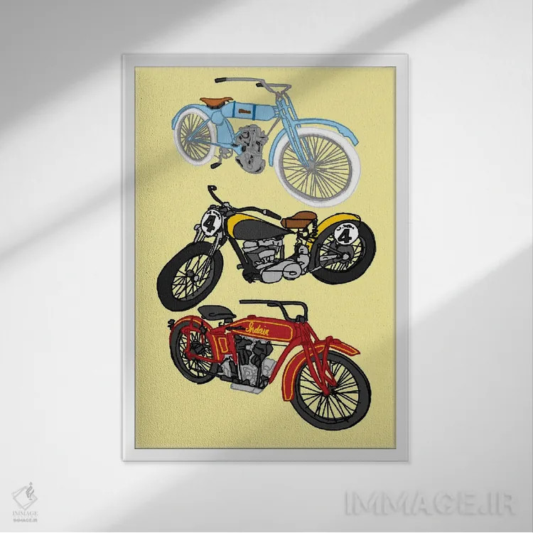 تابلو دکوراتیو سه موتور سیکلت قدیمی زرد اثر جیمی متز - نمای قابدار سفید