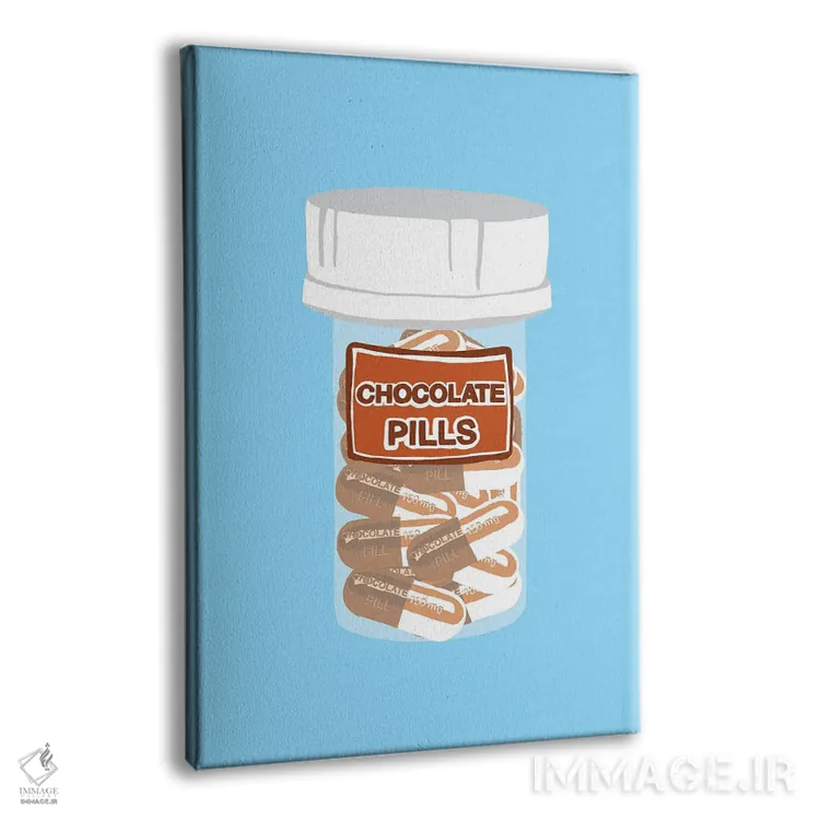 تابلو دکوراتیو بطری قرص شکلاتی آبی اثر جیمی متز - نمای پرسپکتیو محصول