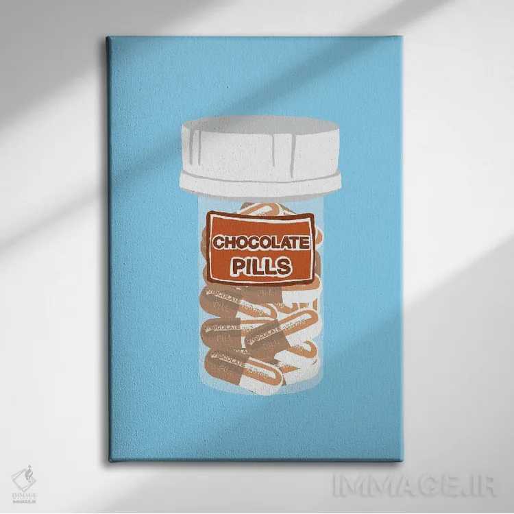 تابلو دکوراتیو بطری قرص شکلاتی آبی اثر جیمی متز - نمای روبهرو روی دیوار