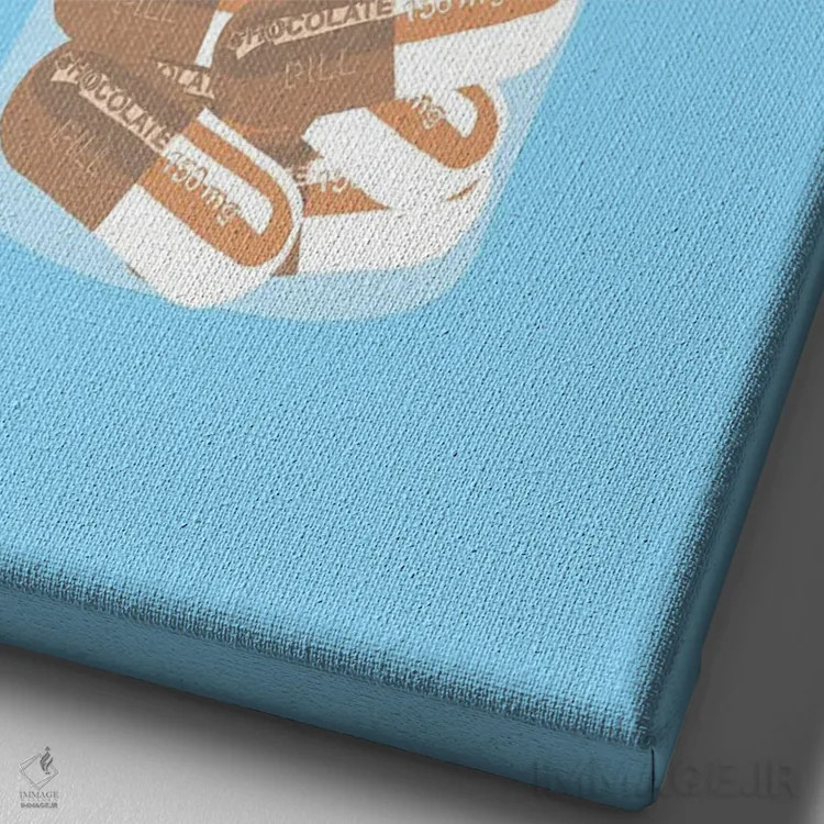 تابلو دکوراتیو بطری قرص شکلاتی آبی اثر جیمی متز - نمای نزدیک بافت بوم