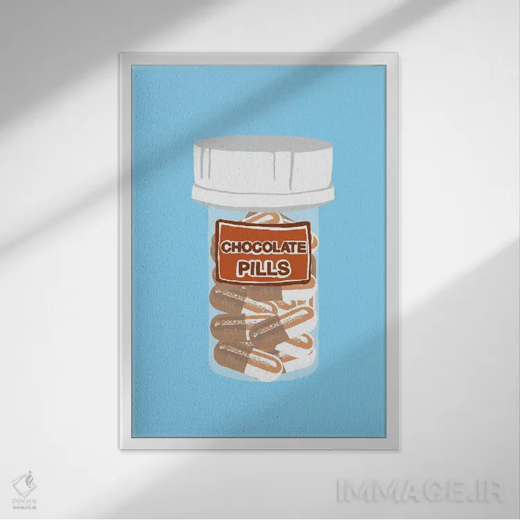 تابلو دکوراتیو بطری قرص شکلاتی آبی اثر جیمی متز - نمای قابدار سفید