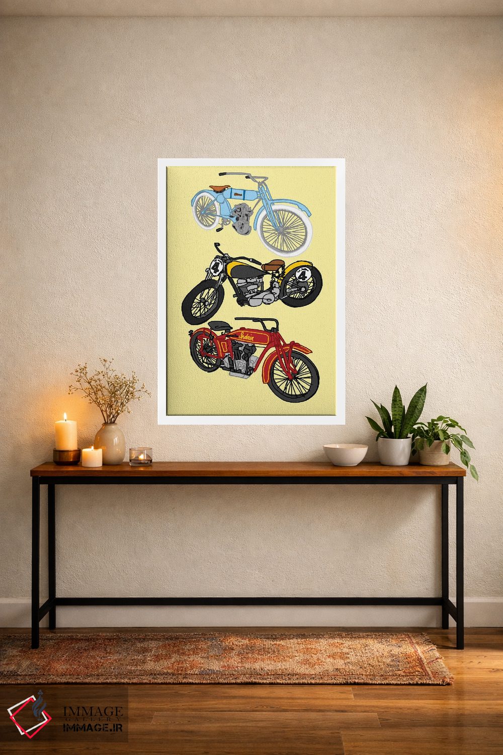تابلو دکوراتیو سه موتور سیکلت قدیمی زرد اثر جیمی متز - D1W