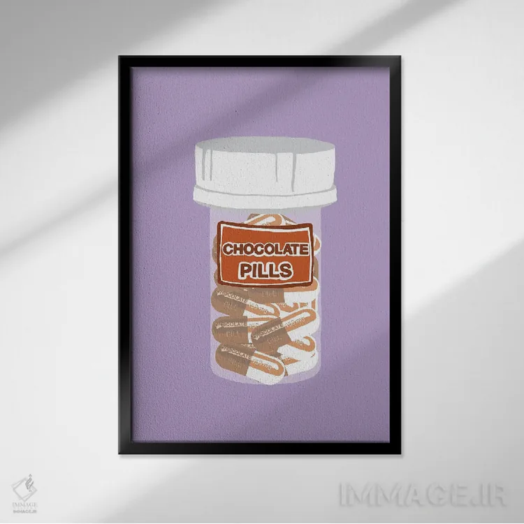 تابلو دکوراتیو بطری قرص شکلاتی بنفش کمرنگ اثر جیمی متز - نمای قابدار مشکی