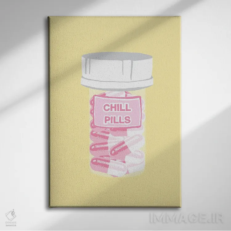 تابلو دکوراتیو بطری قرص آرامش زرد اثر جیمی متز - نمای روبهرو روی دیوار