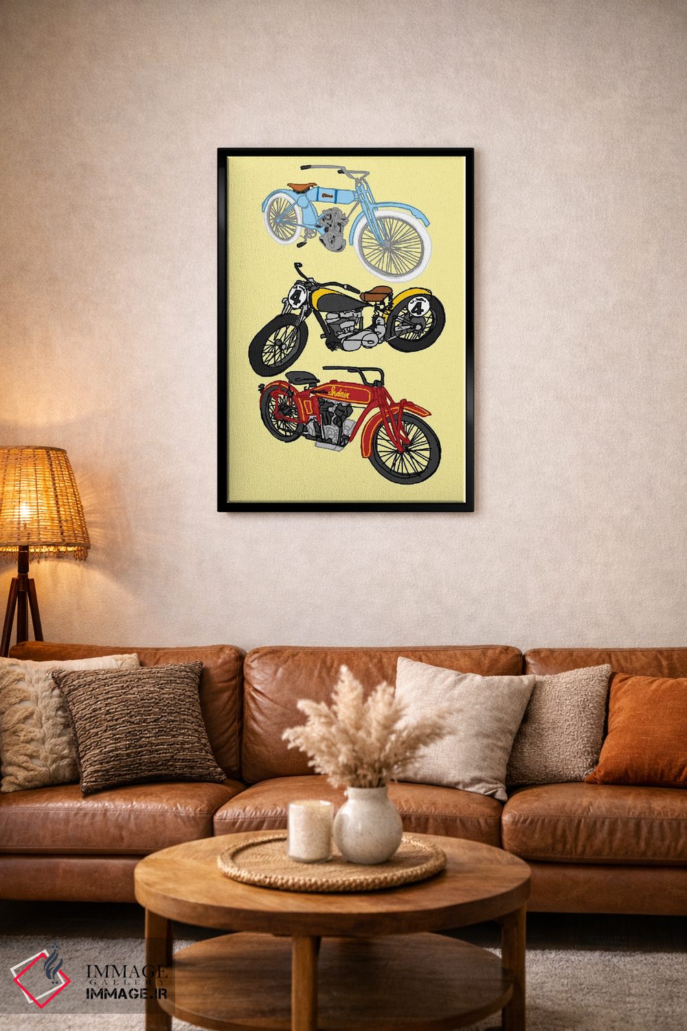 تابلو دکوراتیو سه موتور سیکلت قدیمی زرد اثر جیمی متز - D3B