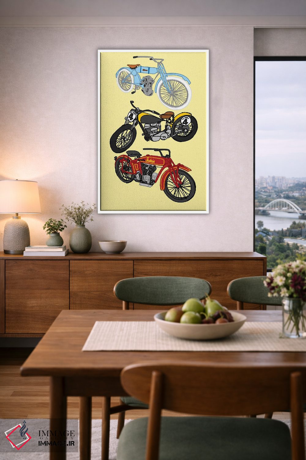 تابلو دکوراتیو سه موتور سیکلت قدیمی زرد اثر جیمی متز - D6W