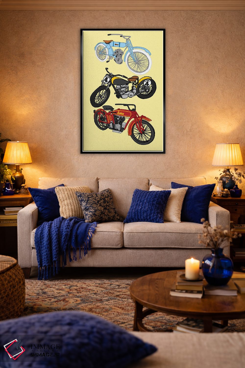 تابلو دکوراتیو سه موتور سیکلت قدیمی زرد اثر جیمی متز - D5B
