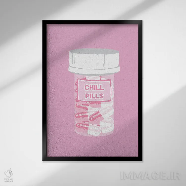 تابلو دکوراتیو بطری قرص آرامش صورتی اثر جیمی متز - نمای قابدار مشکی