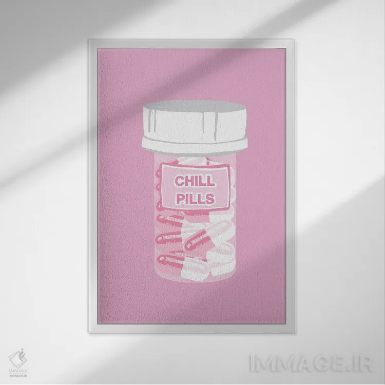 تابلو دکوراتیو بطری قرص آرامش صورتی اثر جیمی متز - نمای قابدار سفید