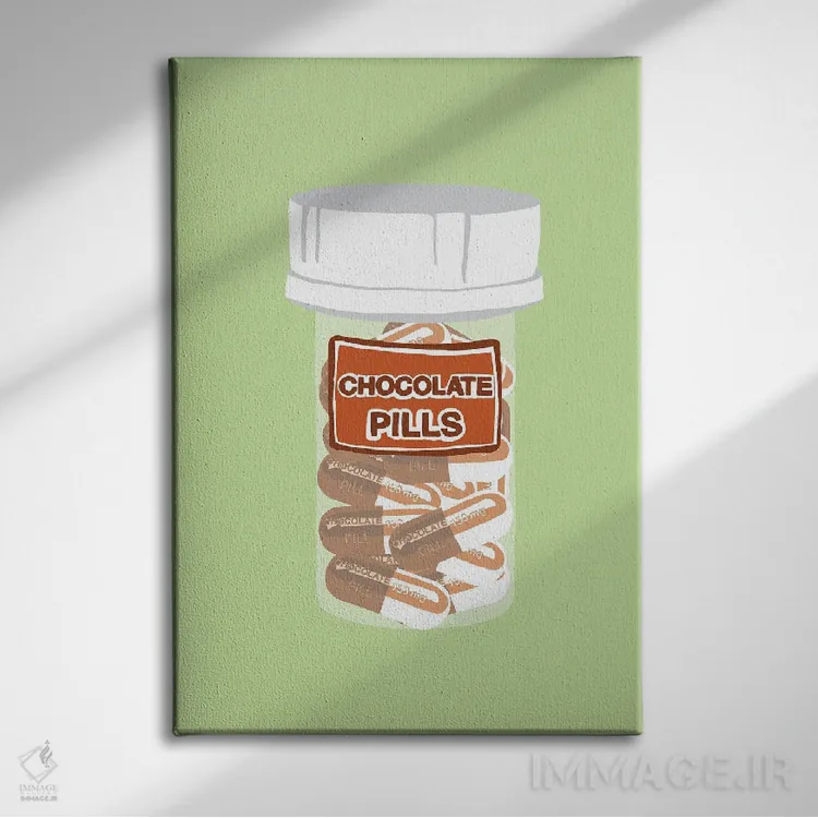 تابلو دکوراتیو بطری قرص شکلاتی سبز نعناعی اثر جیمی متز - نمای روبهرو روی دیوار