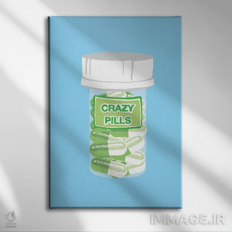 تابلو دکوراتیو بطری قرص دیوانگی آبی اثر جیمی متز - نمای روبهرو روی دیوار