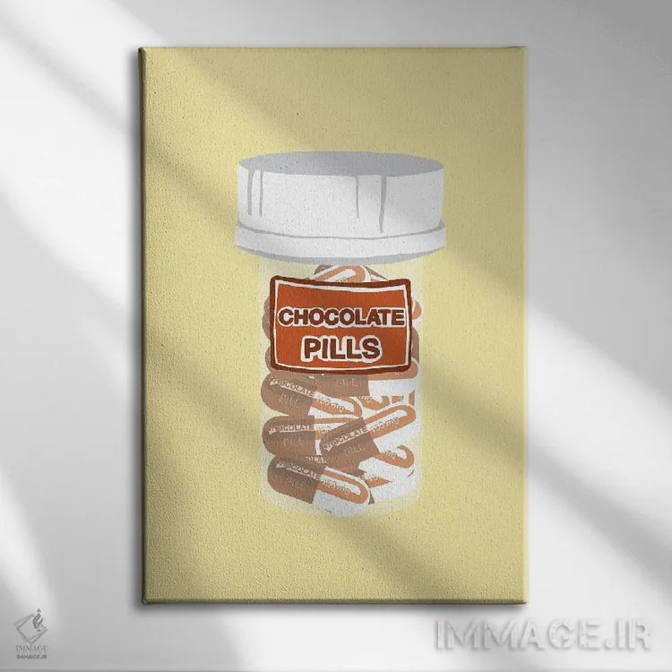 تابلو دکوراتیو بطری قرص شکلاتی زرد اثر جیمی متز - نمای روبهرو روی دیوار