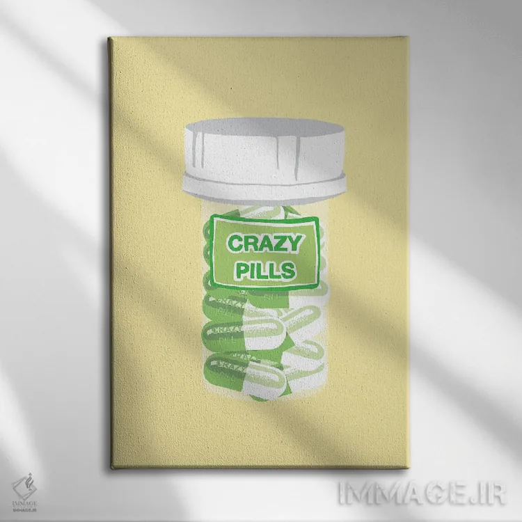 تابلو دکوراتیو بطری قرص دیوانگی زرد اثر جیمی متز - نمای روبهرو روی دیوار