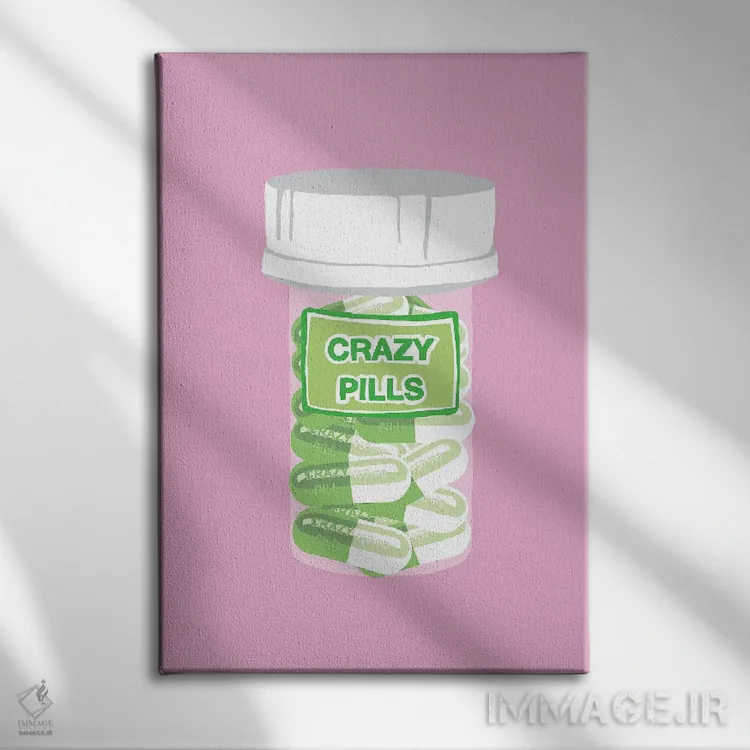 تابلو دکوراتیو بطری قرص دیوانگی صورتی اثر جیمی متز - نمای روبهرو روی دیوار