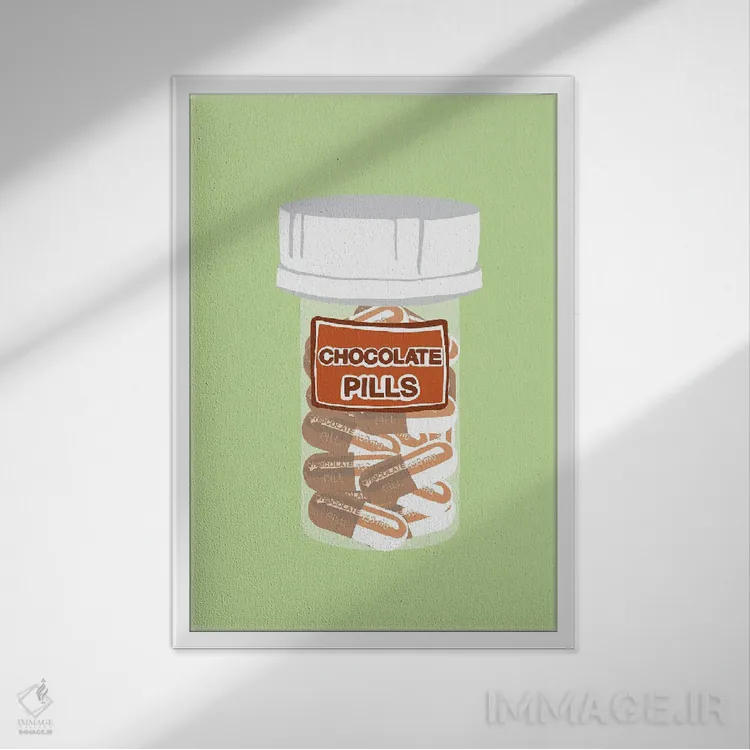 تابلو دکوراتیو بطری قرص شکلاتی سبز نعناعی اثر جیمی متز - نمای قابدار سفید