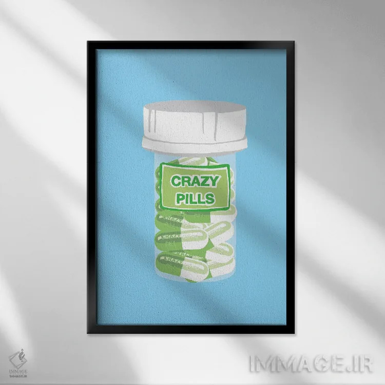 تابلو دکوراتیو بطری قرص دیوانگی آبی اثر جیمی متز - نمای قابدار مشکی