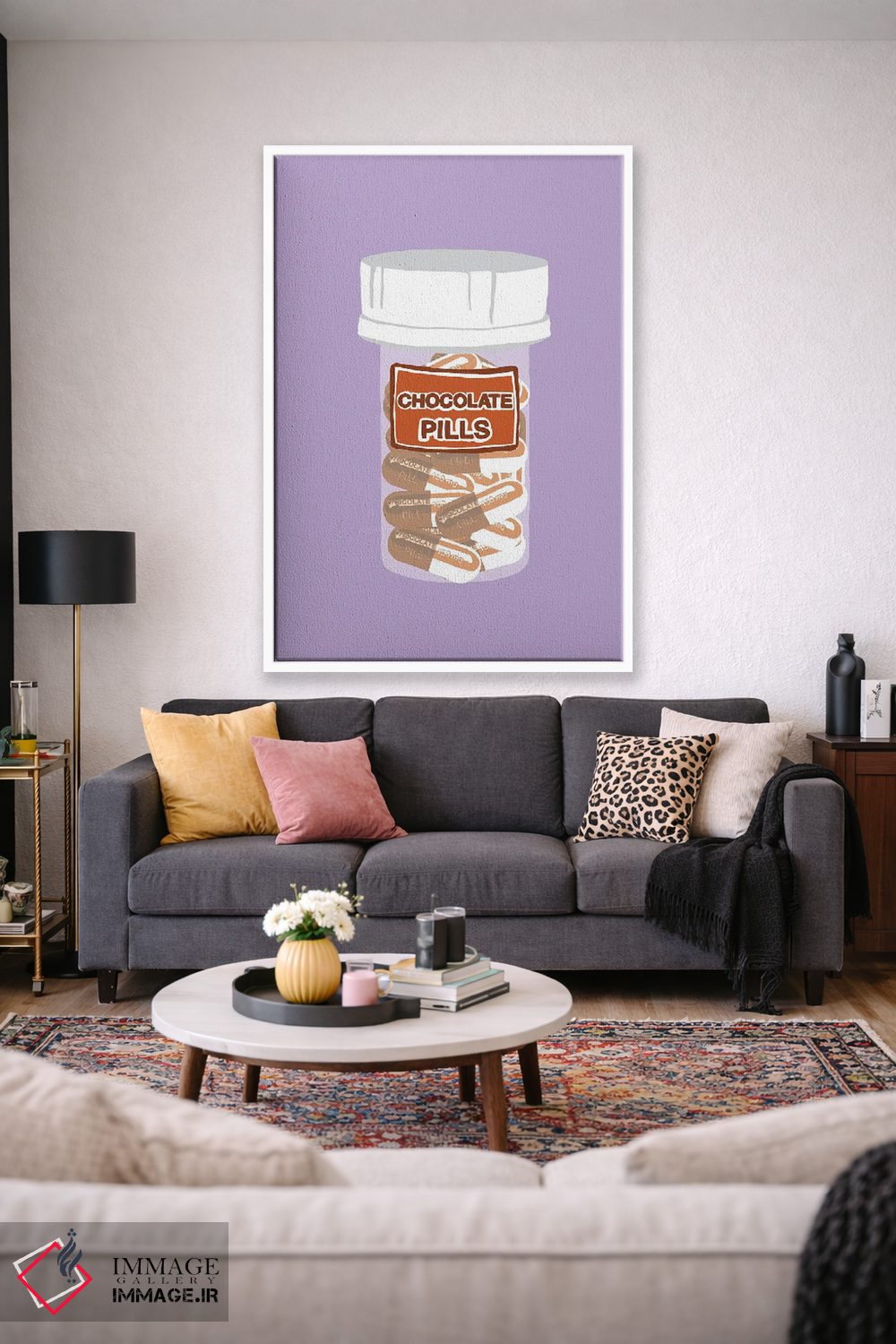 تابلو دکوراتیو بطری قرص شکلاتی بنفش کمرنگ اثر جیمی متز - D1W