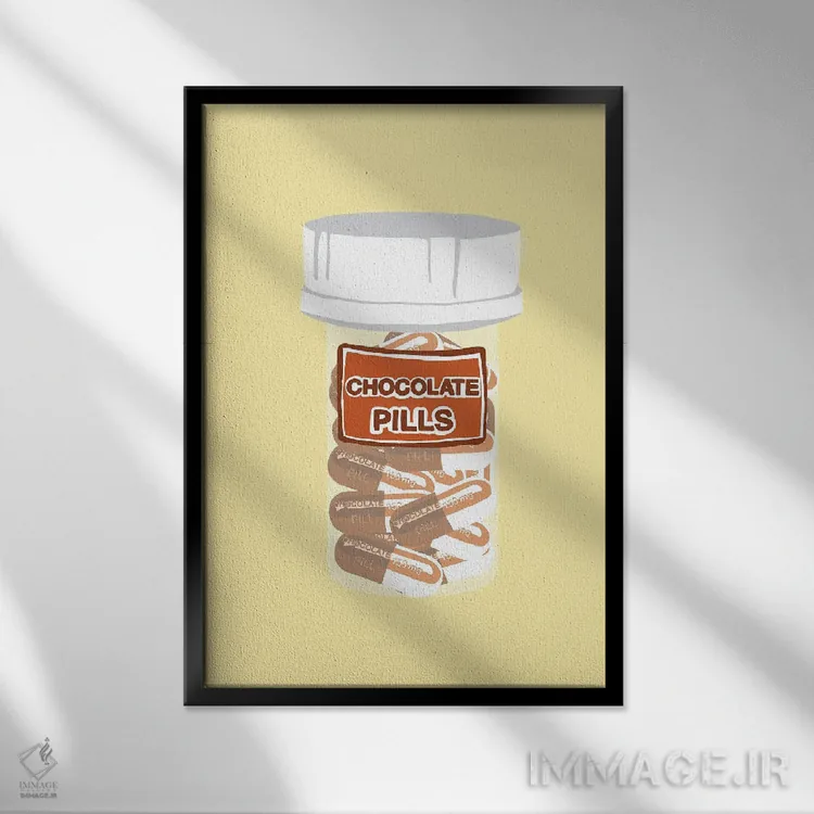 تابلو دکوراتیو بطری قرص شکلاتی زرد اثر جیمی متز - نمای قابدار مشکی
