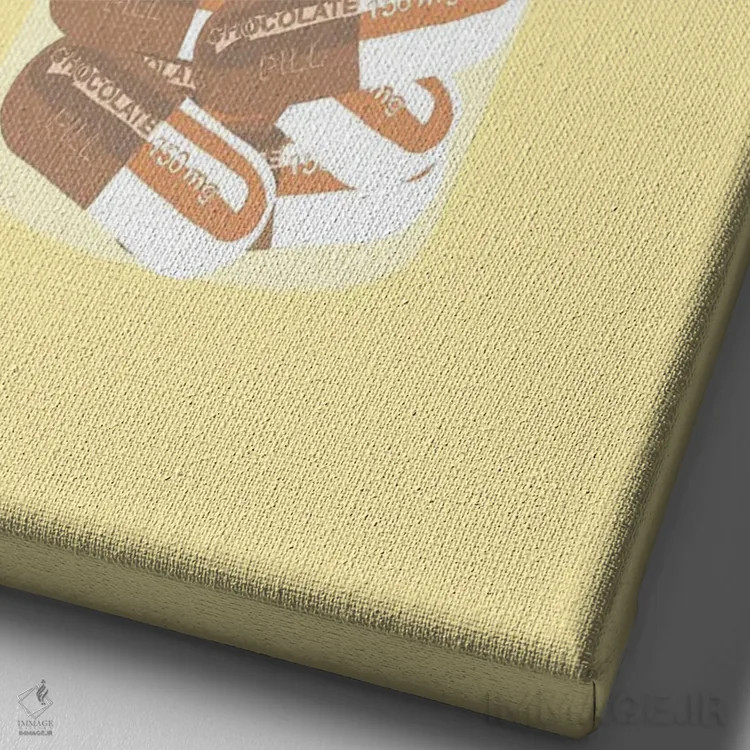 تابلو دکوراتیو بطری قرص شکلاتی زرد اثر جیمی متز - نمای نزدیک بافت بوم