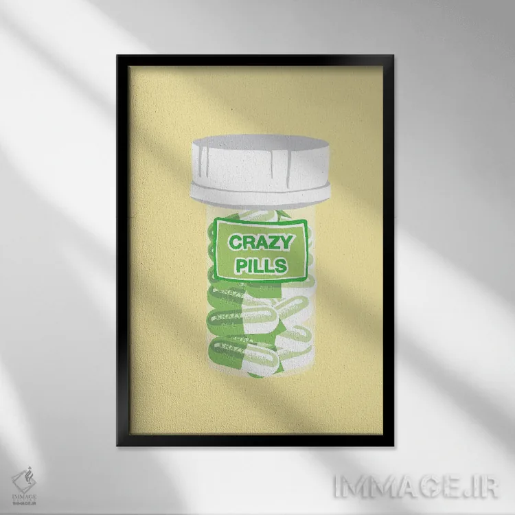 تابلو دکوراتیو بطری قرص دیوانگی زرد اثر جیمی متز - نمای قابدار مشکی