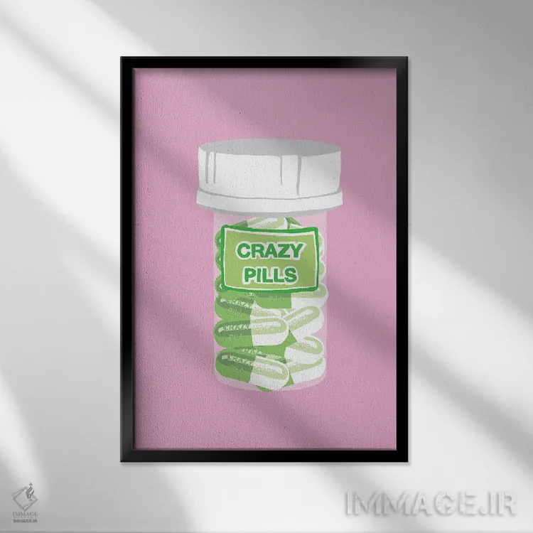 تابلو دکوراتیو بطری قرص دیوانگی صورتی اثر جیمی متز - نمای قابدار مشکی