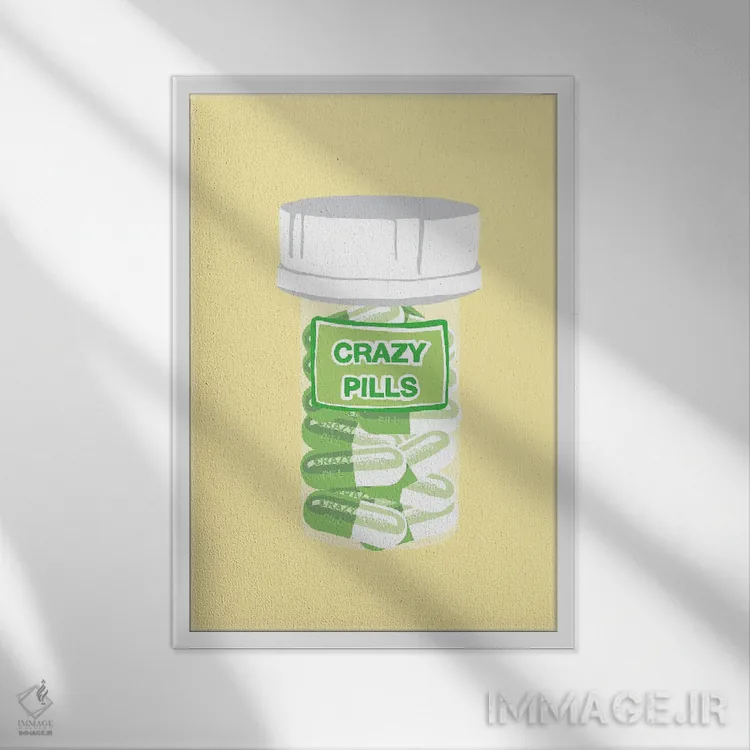 تابلو دکوراتیو بطری قرص دیوانگی زرد اثر جیمی متز - نمای قابدار سفید
