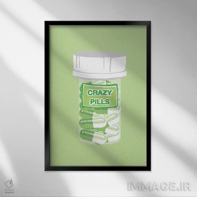 تابلو دکوراتیو بطری قرص دیوانگی سبز نعناعی اثر جیمی متز - نمای قابدار مشکی