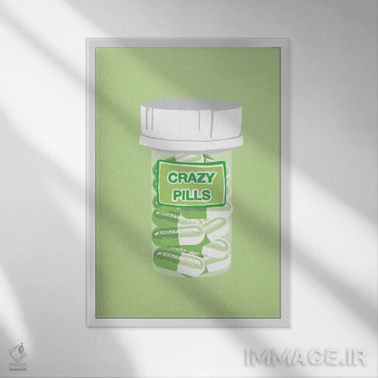 تابلو دکوراتیو بطری قرص دیوانگی سبز نعناعی اثر جیمی متز - نمای قابدار سفید