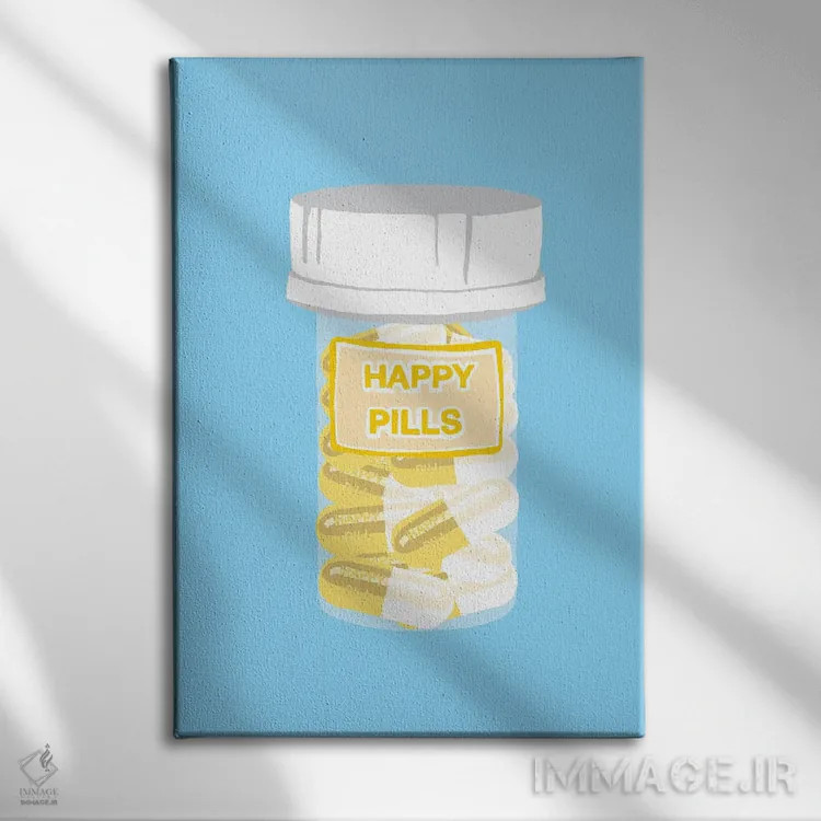 تابلو دکوراتیو بطری قرص خوشحالی آبی اثر جیمی متز - نمای روبهرو روی دیوار