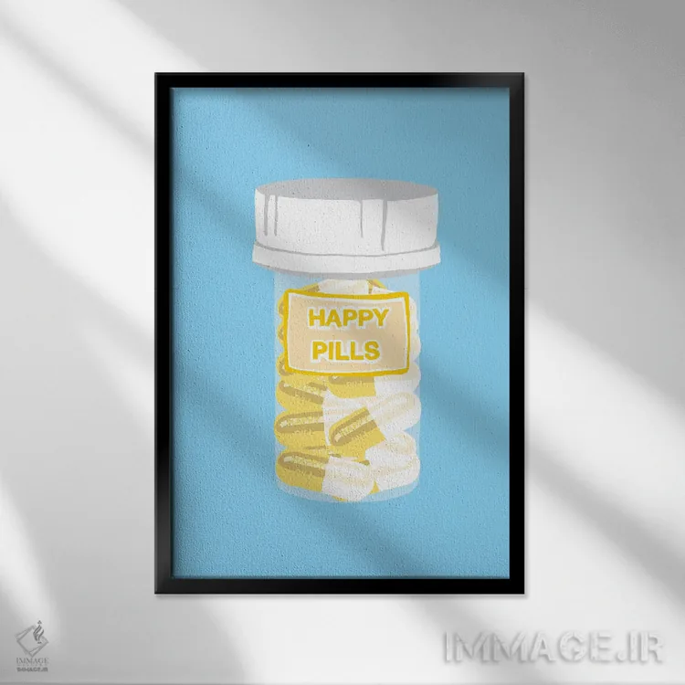 تابلو دکوراتیو بطری قرص خوشحالی آبی اثر جیمی متز - نمای قابدار مشکی